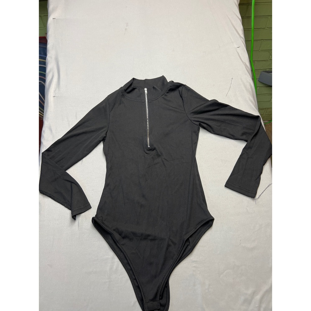 Black Ribbed Quarter Zip Mock Neck Long Sleeve Bodysuit Small